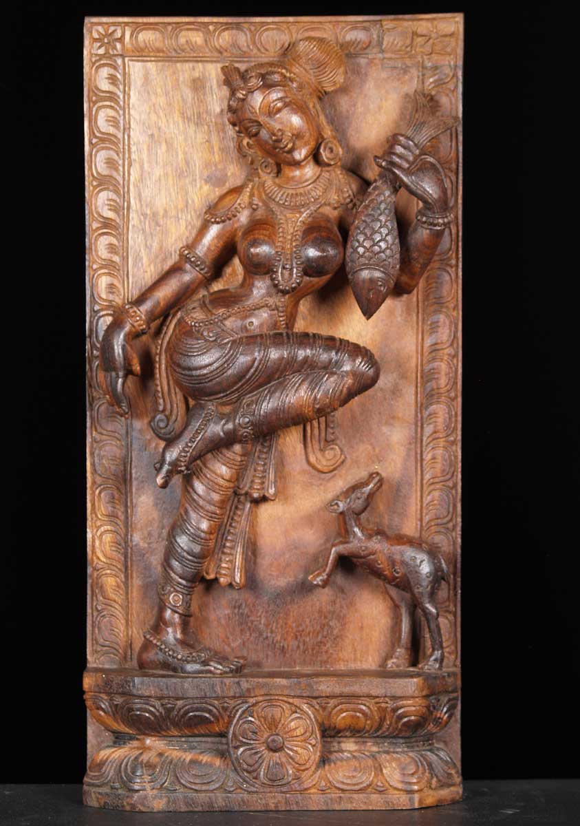 Wood Indian Lady Holdng Fish with Deer 24"